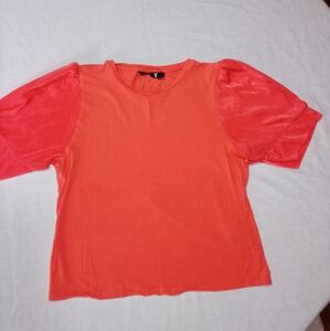 DKNY Short Sleeve Shirt Silky Satin Balloon Sleeves Orange